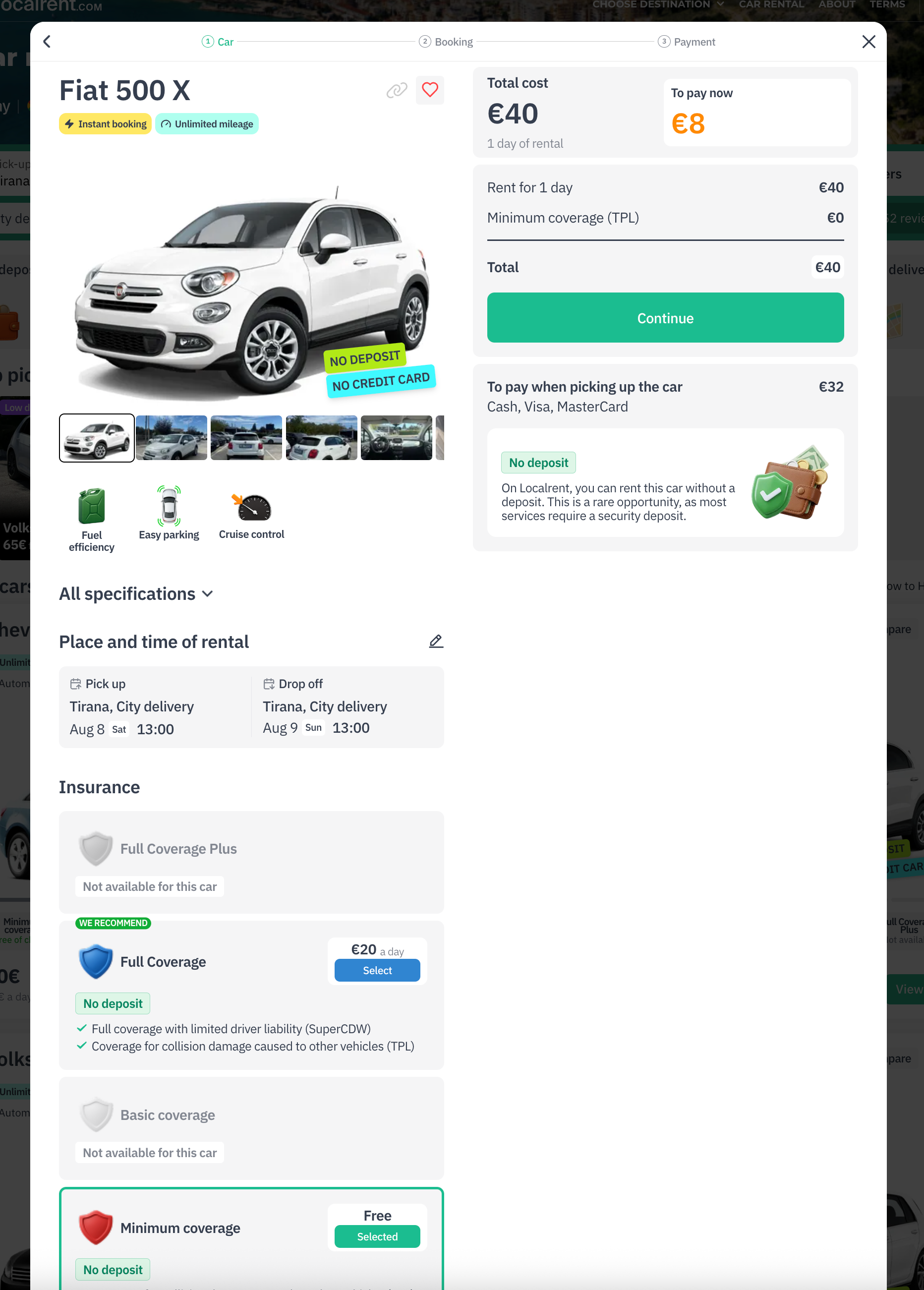 Screenshot prenotazione Localrent: Fiat 500X, 1 giorno, 40 €, senza deposito né carta di credito, consegna in città a Tirana
